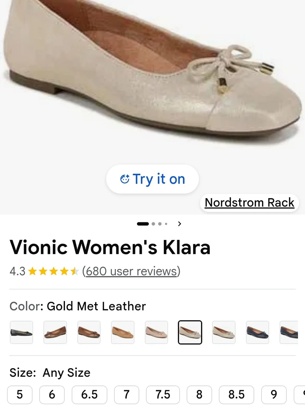 Vionic Women's Leather Ballet Flats in Gold Metz, Size 8
